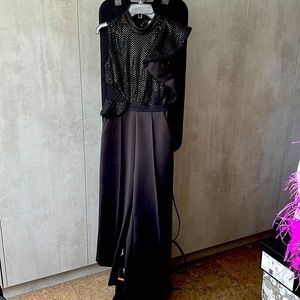 Self Portrait Tuxedo Sequence, Ruffle, Cut Out Jumpsuit Size US 2